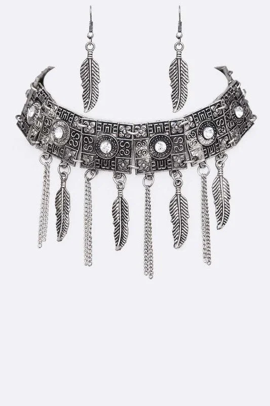 Versatile Layering Jewelry For Effortless Chic HGA Feather Chain Drop Bohemian Choker And Earring Set Versatile Layering Jewelry For Effortless Chic HGA Feather Chain Drop Bohemian Choker And Earring Set