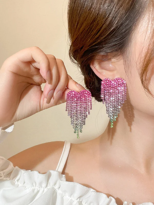 Gradient Color Heart Diamond Tassel Earrings