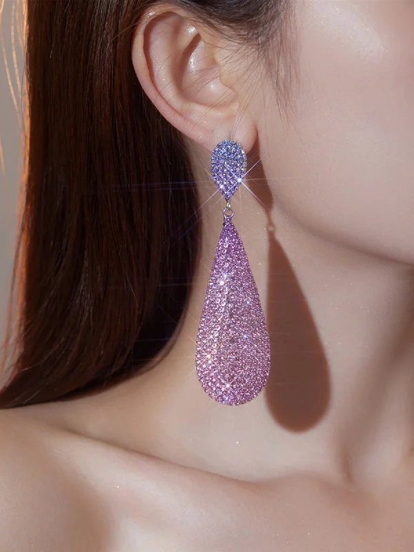 Long Teardrop Earrings with Full Pink Rhinestones