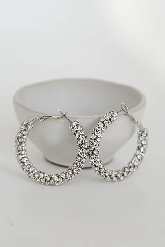 Shelby Silver Rhinestone Hoop Earrings