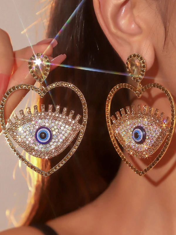 Sinister Eye Rhinestone Heart Earrings