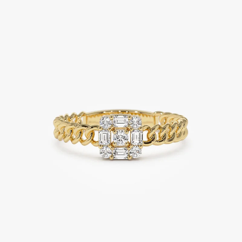 14k Curb Link Illusion Setting Baguette Diamond Ring