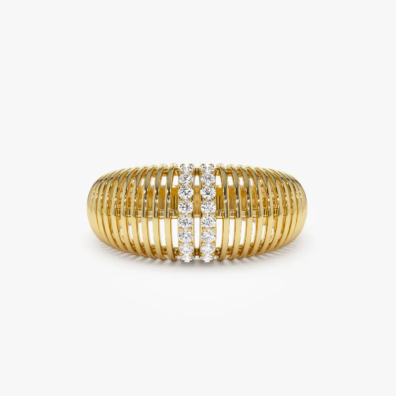 14K Diamond-Encrusted Ribbed Dome Statement Ring