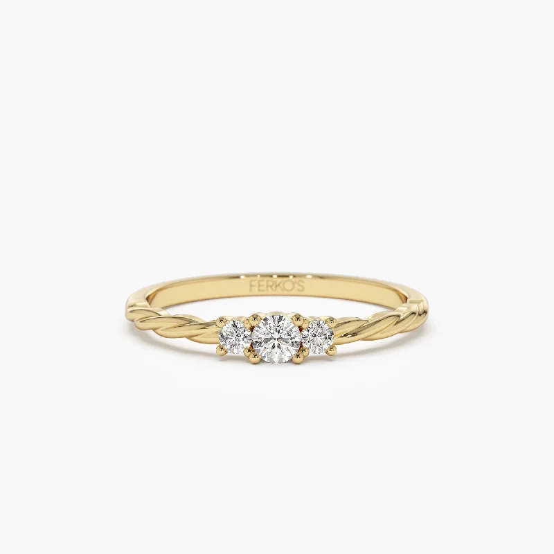 14k Gold Three Stone Dainty Diamond Twisted Ring