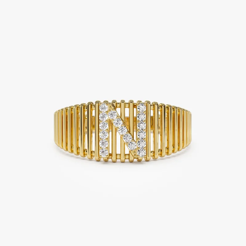 14k Ribed Cage Diamond Initial Ring