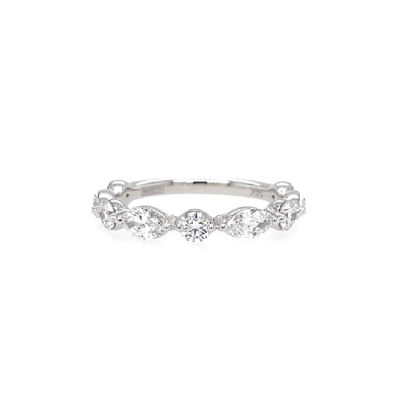 14K White Gold Alternating Marquise and Round Shape Diamond Band