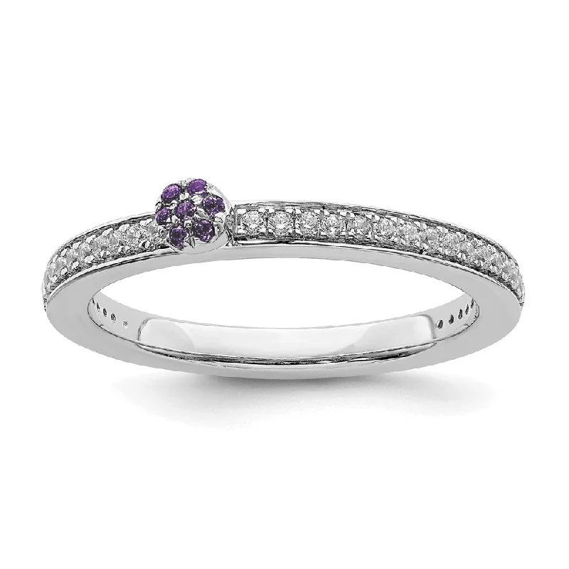 14k White Gold, Amethyst & 1/8 Ctw Diamond Stackable Ring