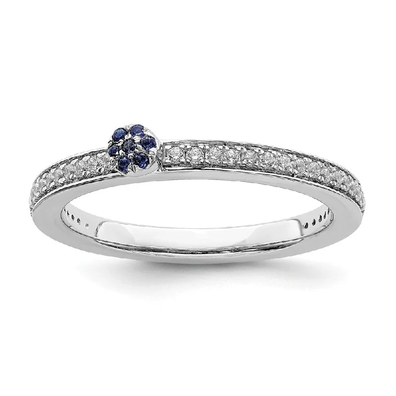 14k White Gold, Created Sapphire & 1/8 Ctw Diamond Stackable Ring