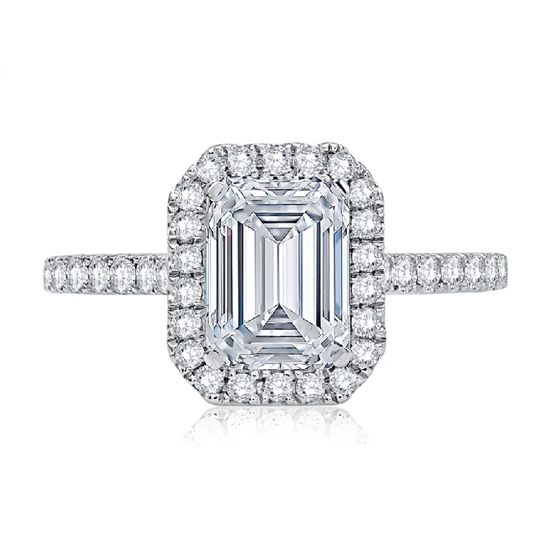 14K White Gold Emerald Cut Center Halo Engagement Ring