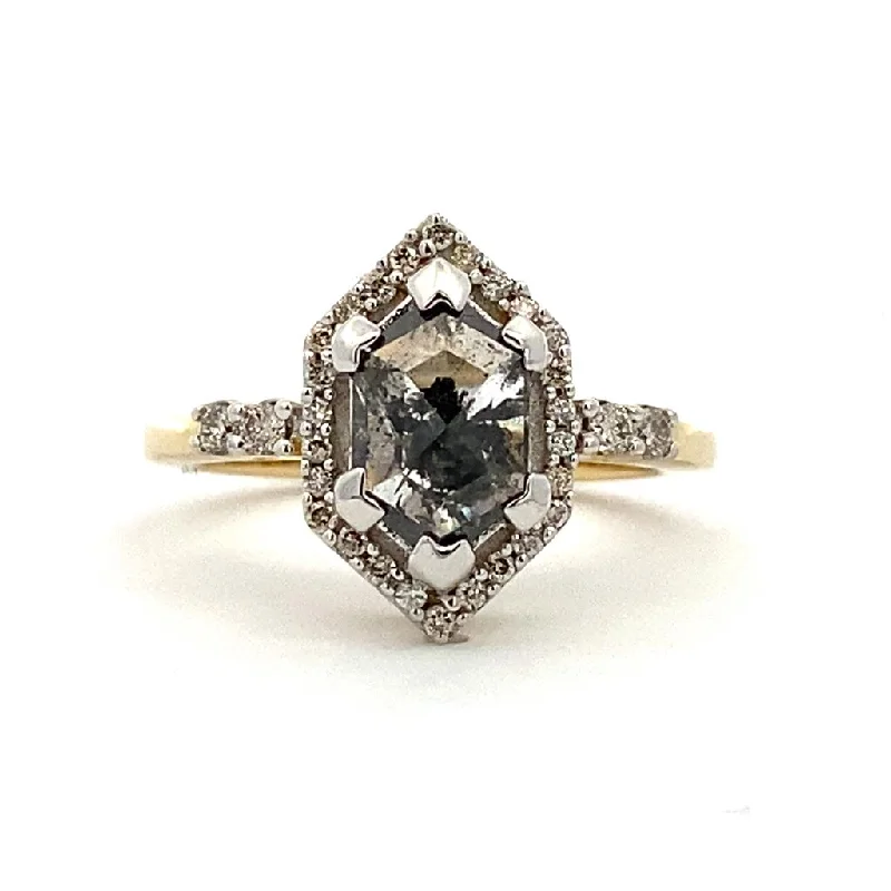 Clearance Sale On High-End Jewelry Collections 14K Yellow Gold 'Salt & Pepper' 1.94Ct Elongated Hex Diamond Halo Engagement Ring Clearance Sale On High-End Jewelry Collections 14K Yellow Gold 'Salt & Pepper' 1.94Ct Elongated Hex Diamond Halo Engagement Ring