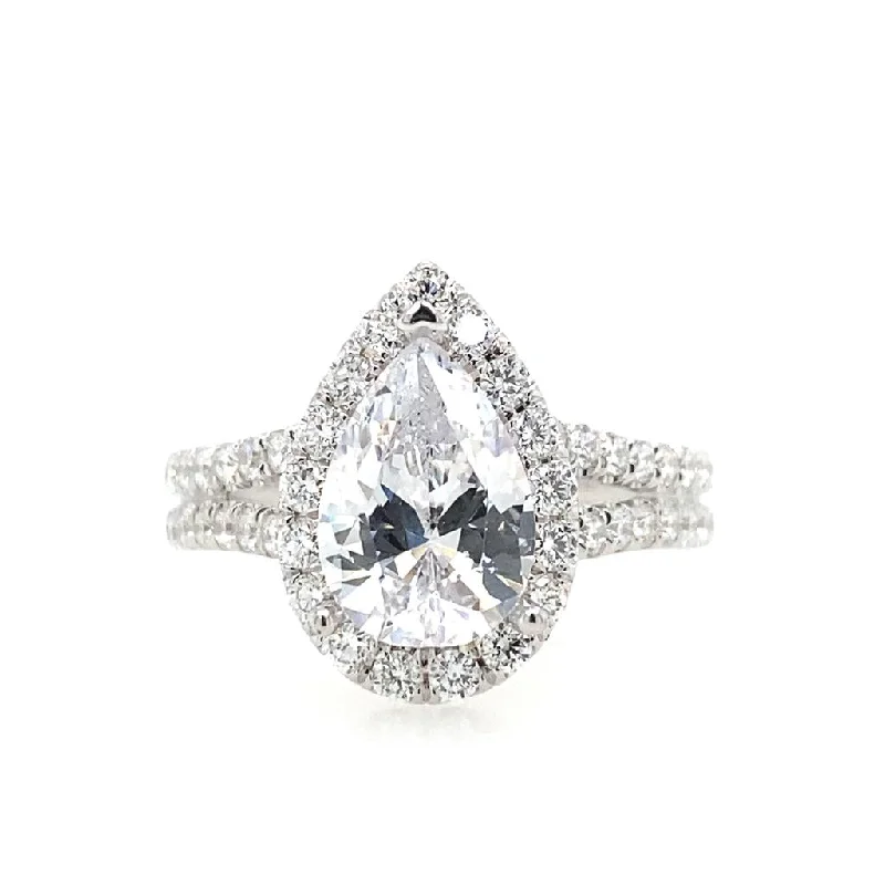 18K White Gold Split Shank Halo Pear Diamond Engagement Ring