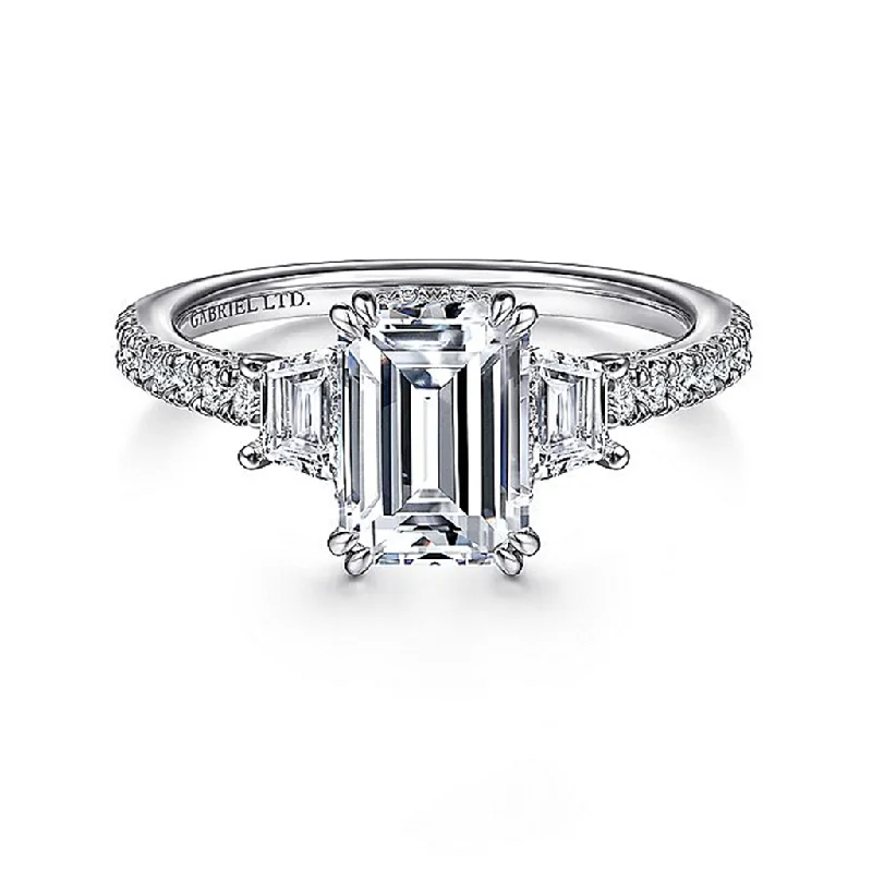 18K White Gold 'Willow' Three Stone Emerald Cut Diamond Engagement Ring