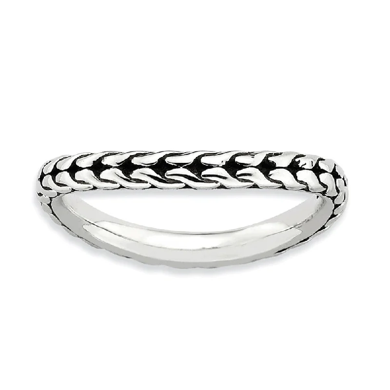 2.25mm Stackable Antiqued Sterling Silver Curved Wheat Pattern Band