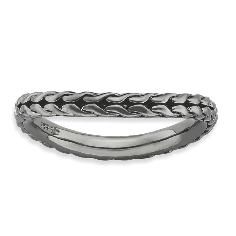 2.25mm Stackable Black Plated Silver Curved Wheat Pattern Band