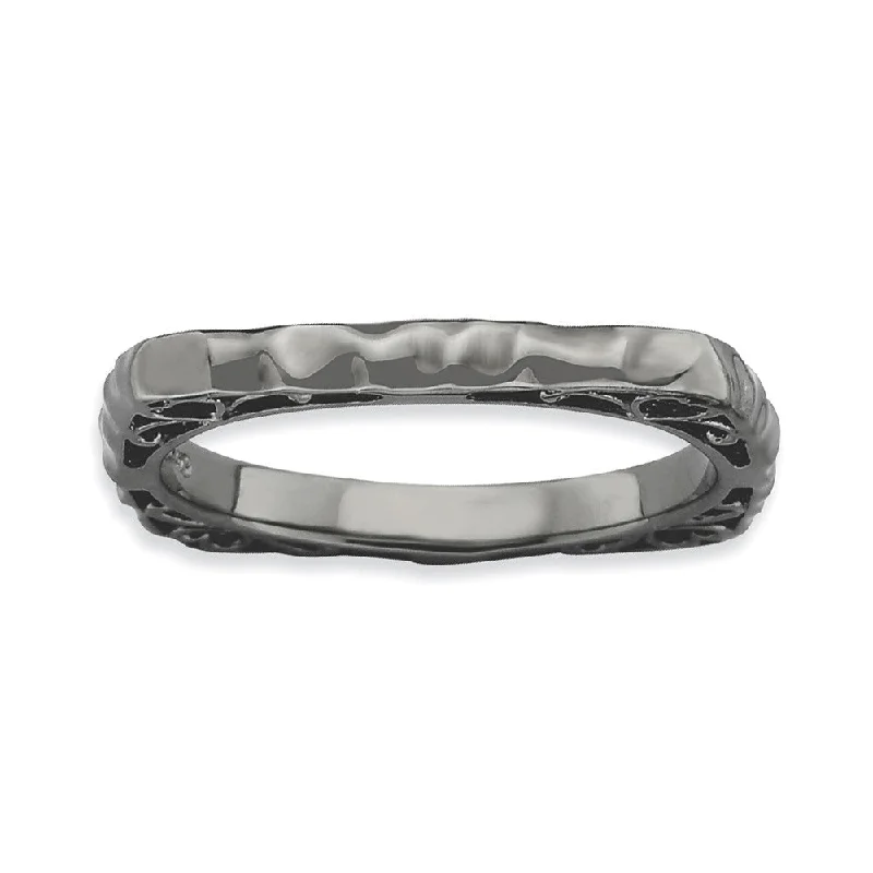 2.25mm Stackable Black Plated Silver Square Hammered Scroll Band