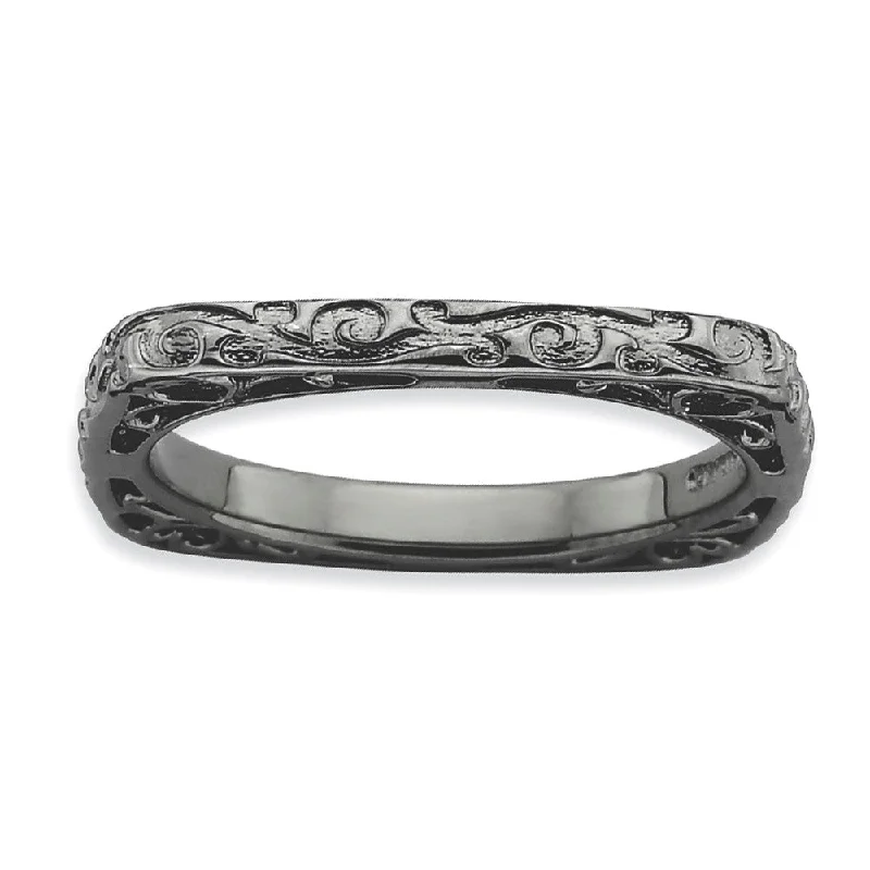 2.25mm Stackable Black Plated Silver Square Scroll Band