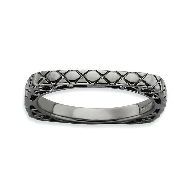 2.25mm Stackable Black Plated Silver Square Snake Skin Band