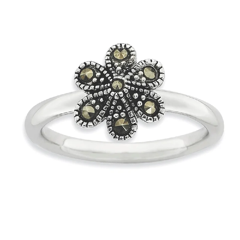 Handmade Pearl Jewelry For Timeless Elegance 2.25mm Sterling Silver Stackable Marcasite Flower Ring
