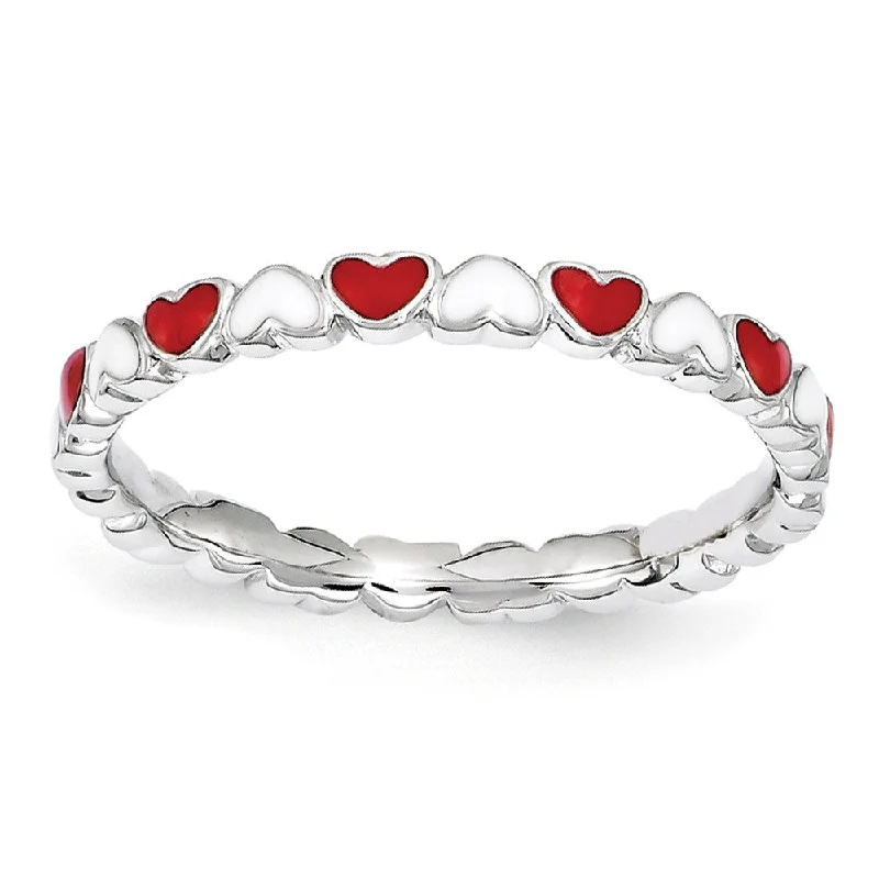 Shop Signature Jewelry Styles At Exclusive Prices 2.5mm Sterling Silver Stackable Red & White Enamel Heart Band