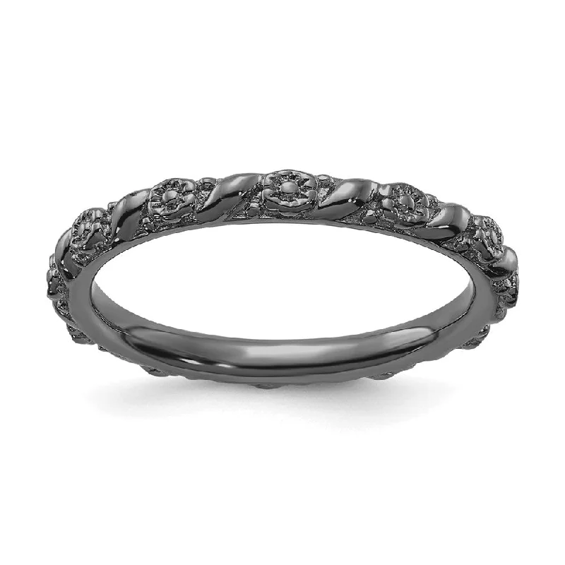 2mm Sterling Silver Black Ruthenium Plated Stackable Flower Band