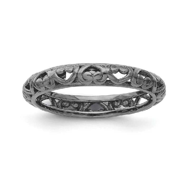 Exclusive Jewelry Sale – Limited-Time Discounts 3.5mm Black Plated Sterling Silver Stackable Domed Carved Heart Band