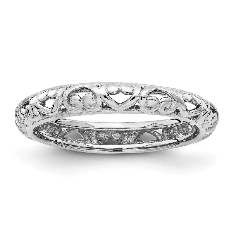 Shop Stylish Jewelry Now And Save Big 3.5mm Rhodium Plated Sterling Silver Stackable Domed Carved Heart Band