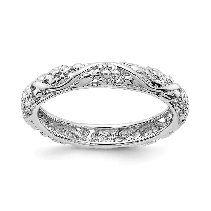 3.5mm Sterling Silver Rhodium Plated Stackable Floral Band