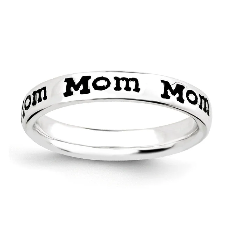 Luxury Jewelry Without The Luxury Price Tag 3.5mm Sterling Silver Stackable Black Enamel Mom Script Band