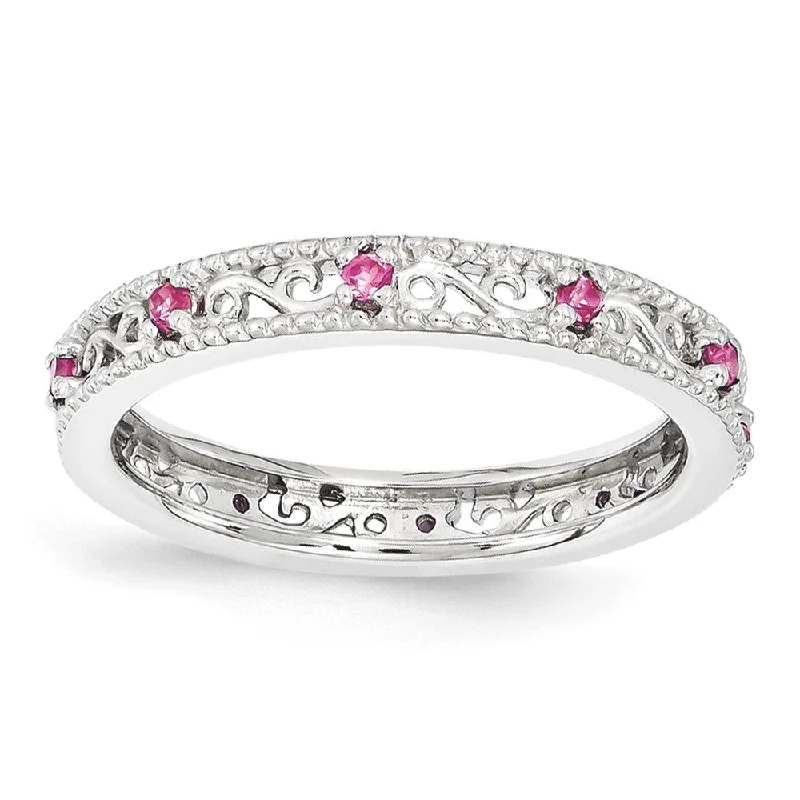 Unmissable Jewelry Sale – Shop Before It's Too Late 3mm Sterling Silver Stackable Created Pink Sapphire Scroll Band