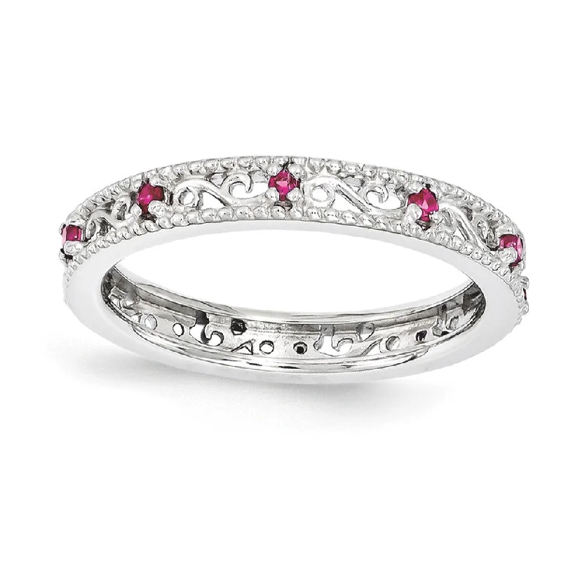 Timeless Elegance, Temporary Discounts – Act Fast 3mm Sterling Silver Stackable Expressions Created Ruby Scroll Band
