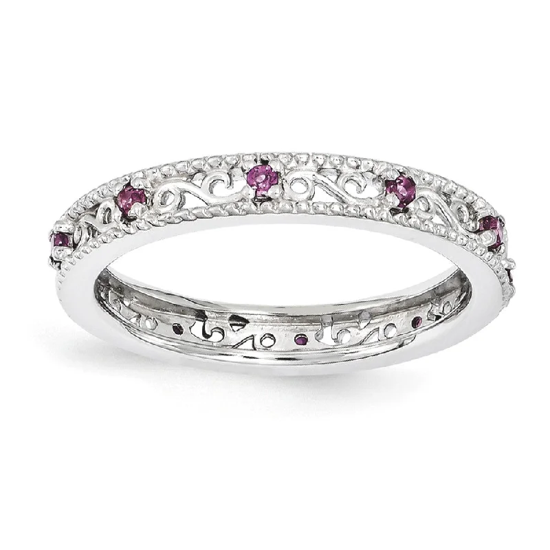 Limited-Stock Jewelry Sale – Once It's Gone, It's Gone 3mm Sterling Silver Stackable Expressions Rhodolite Garnet Scroll Band