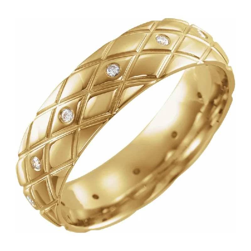 Modern Statement Jewelry For Bold Styling 6mm 14K Yellow Gold & Diamond Patterned Comfort Fit Band Modern Statement Jewelry For Bold Styling 6mm 14K Yellow Gold & Diamond Patterned Comfort Fit Band