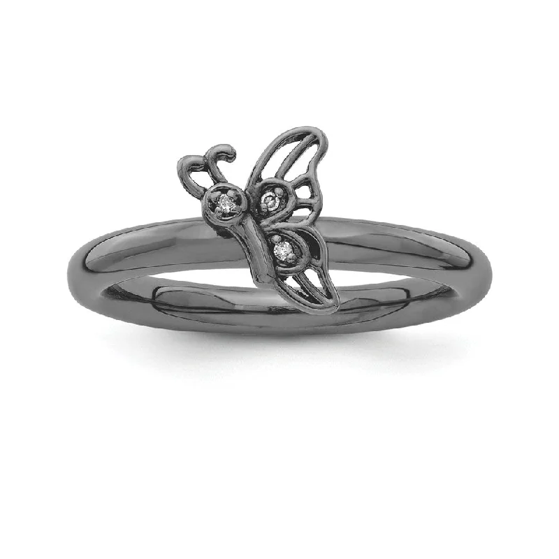 Personalized Jewelry Sale – Unique Pieces At Great Prices Black Plated Sterling Silver .015Ctw Diamond 9mm Butterfly Stack Ring