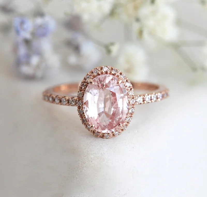 Chloe Halo Diamond Oval Peach Sapphire Ring In 14K Rose Gold