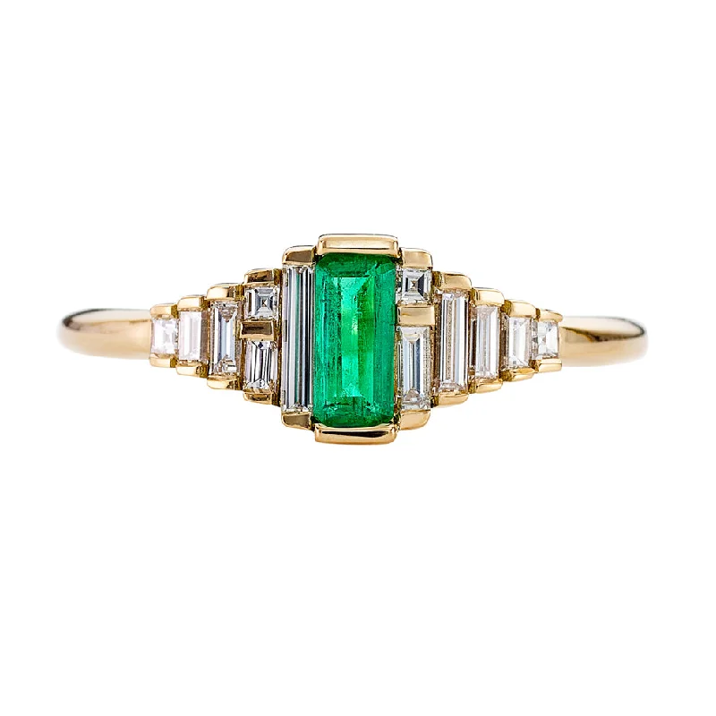 Dainty Emerald Engagement Ring with Needle Baguette Diamonds