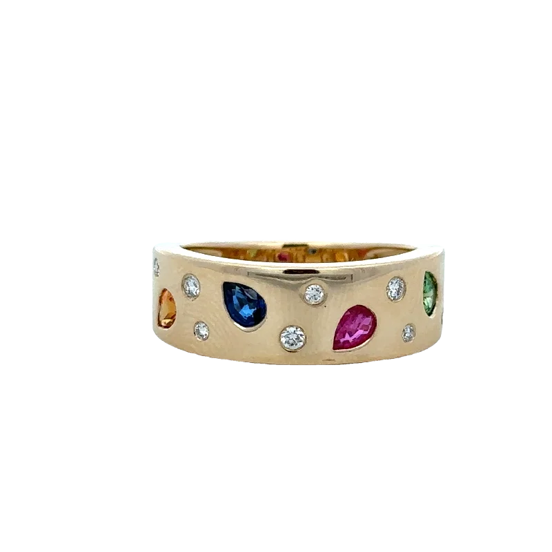 Flush Set Diamond and Gemstone Band in Yellow Gold