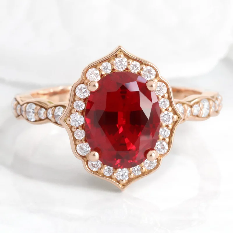 Large Oval Ruby Diamond Ring in Vintage Floral Scalloped Band