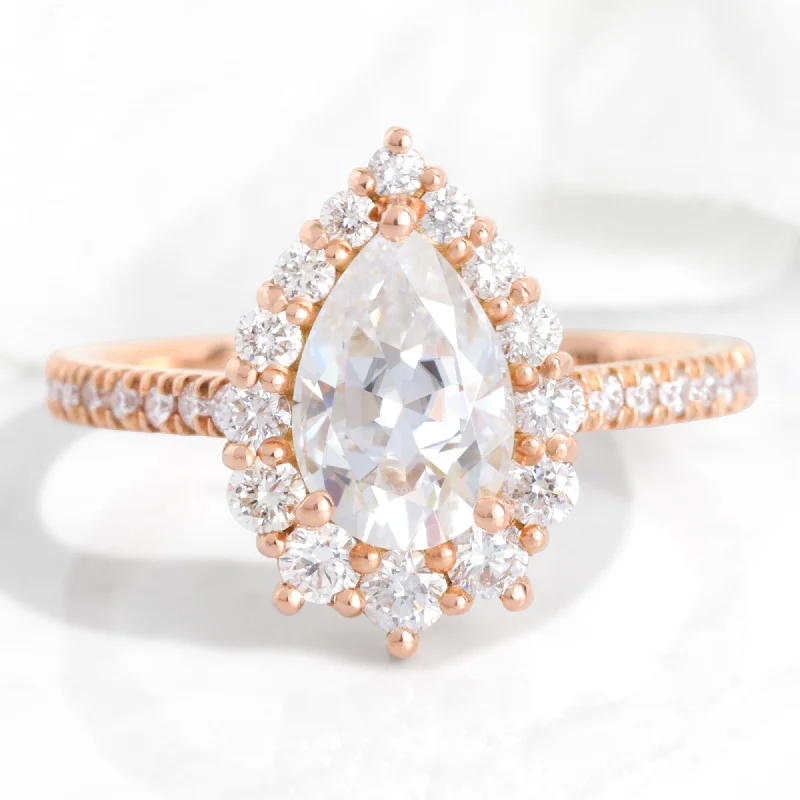 Large Pear Moissanite Engagement Ring in Tiara Halo Diamond Pave Band