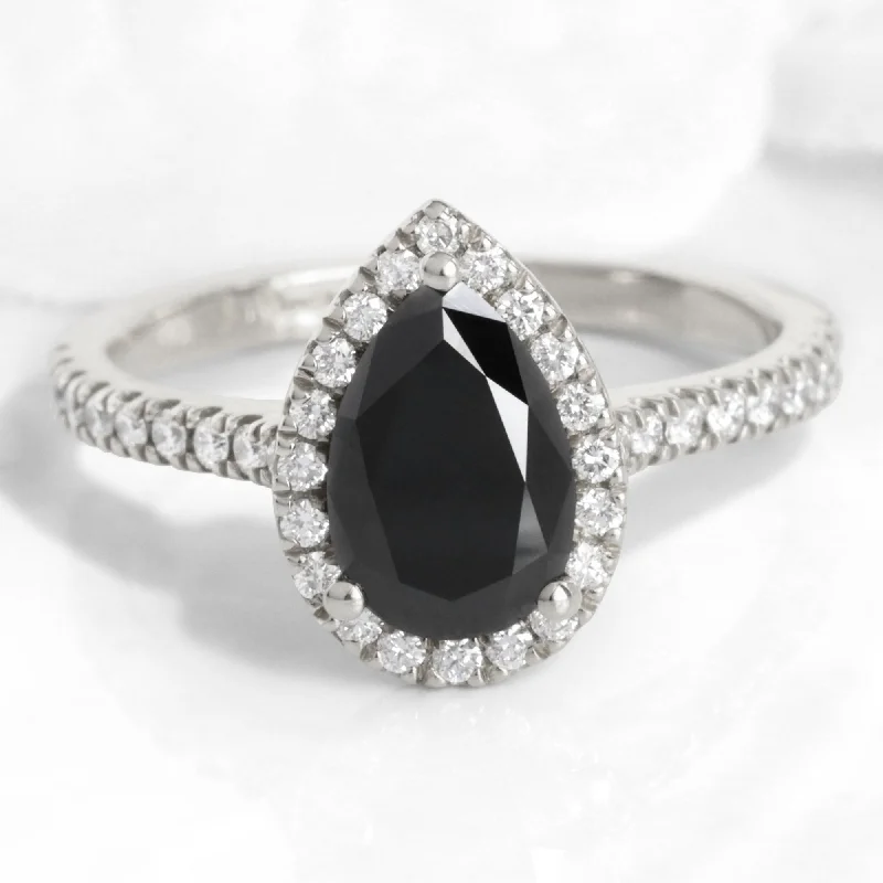 Halo Pear Black Diamond Ring in Luna Halo Pave Diamond Band