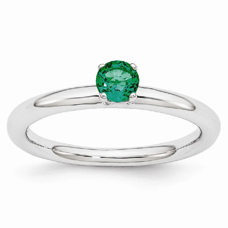 Elevate Your Outfit With Discounted Statement Jewelry Rhodium Plated Sterling Silver Stackable 4mm Created Emerald Ring