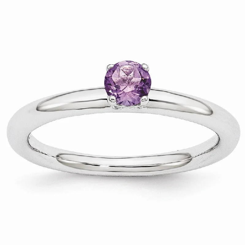 Dainty Floral Jewelry For Feminine Elegance Rhodium Plated Sterling Silver Stackable 4mm Round Amethyst Ring