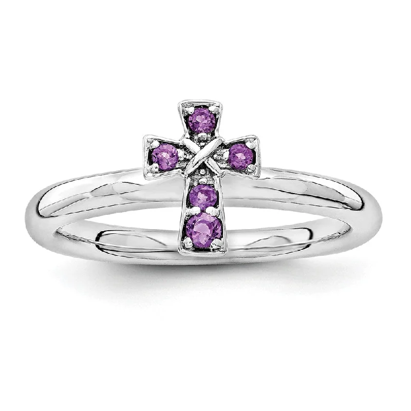 Buy More, Save More – Special Jewelry Discounts Rhodium Plated Sterling Silver Stackable Amethyst 9mm Cross Ring