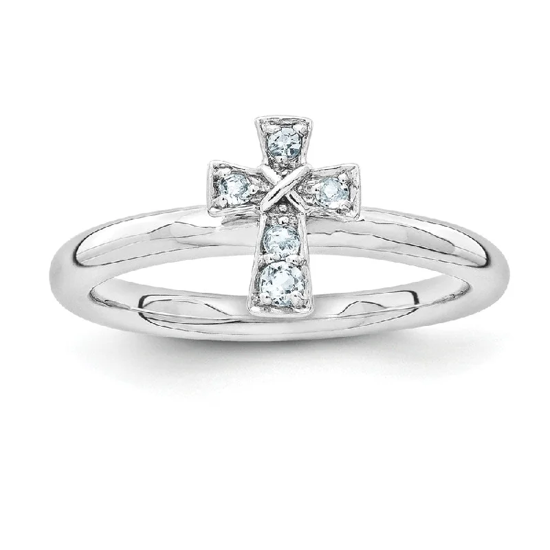 Exclusive Online Jewelry Sale – Don't Wait Rhodium Plated Sterling Silver Stackable Aquamarine 9mm Cross Ring