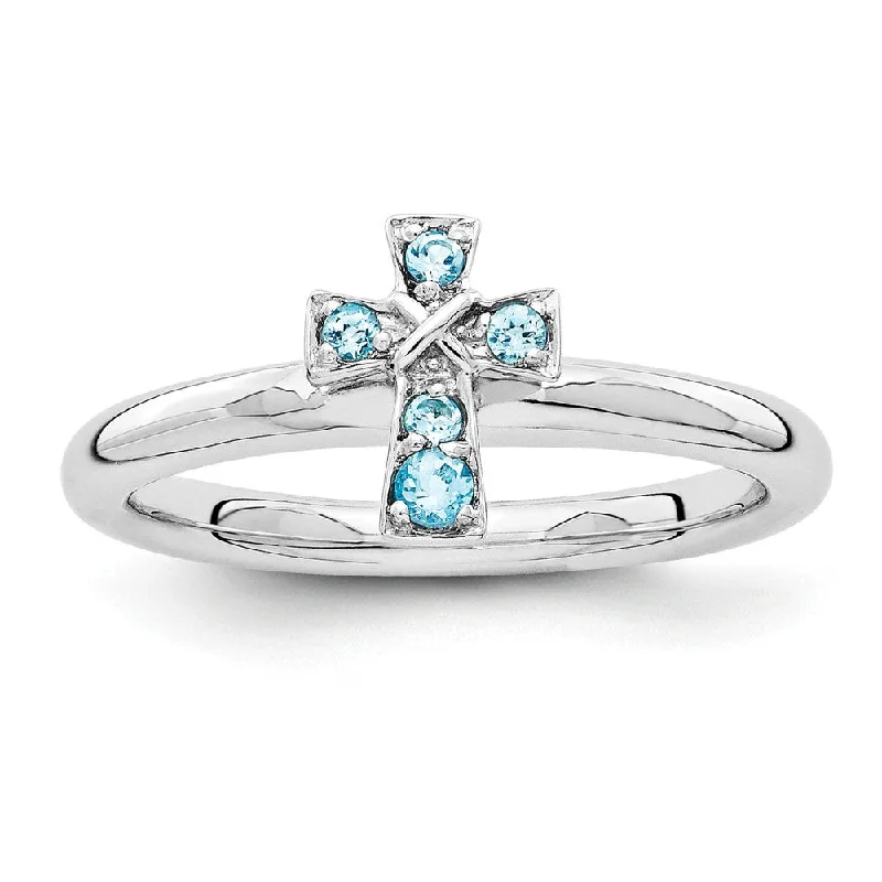 Upgrade Your Jewelry Collection For Less Rhodium Plated Sterling Silver Stackable Blue Topaz 9mm Cross Ring