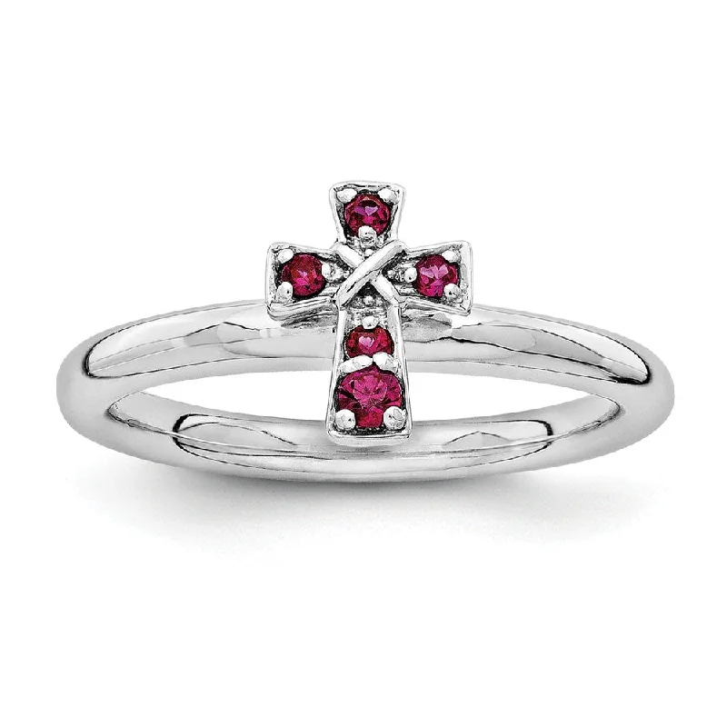 Elegant Jewelry At Unbeatable Offers – Shop Before It's Gone Rhodium Plated Sterling Silver Stackable Created Ruby 9mm Cross Ring