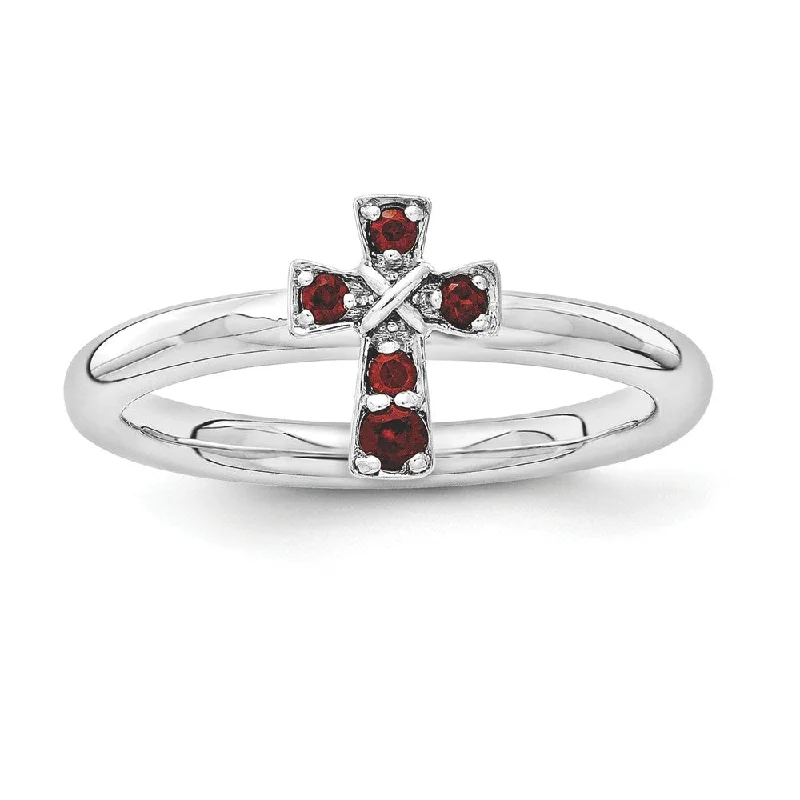Special Jewelry Deals – Upgrade Your Collection Rhodium Plated Sterling Silver Stackable Garnet 9mm Cross Ring