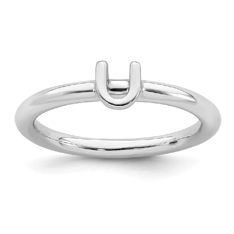 Rhodium Plated Sterling Silver Stackable Letter U Ring