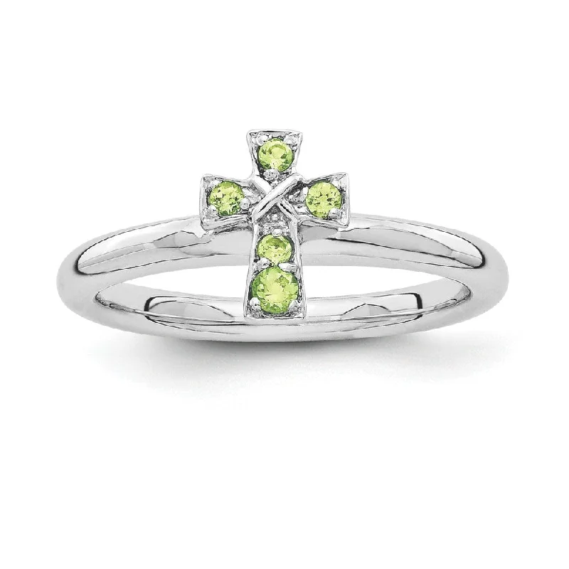 Grab Your Favorite Jewelry At The Lowest Prices Rhodium Plated Sterling Silver Stackable Peridot 9mm Cross Ring