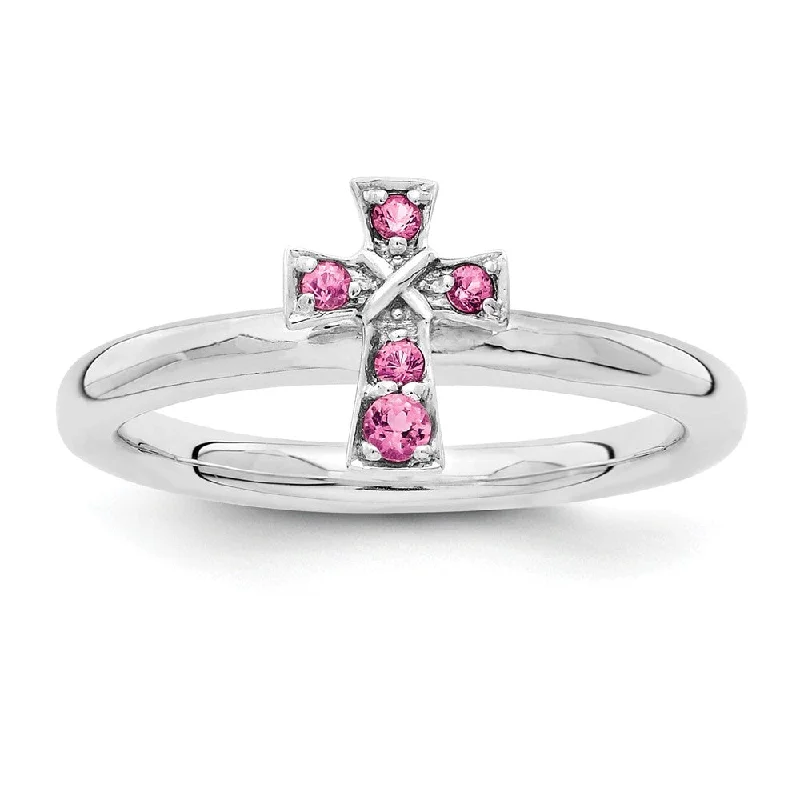 Luxury Meets Affordability – Jewelry Sale Now Live Rhodium Sterling Silver Stackable Pink Tourmaline 9mm Cross Ring