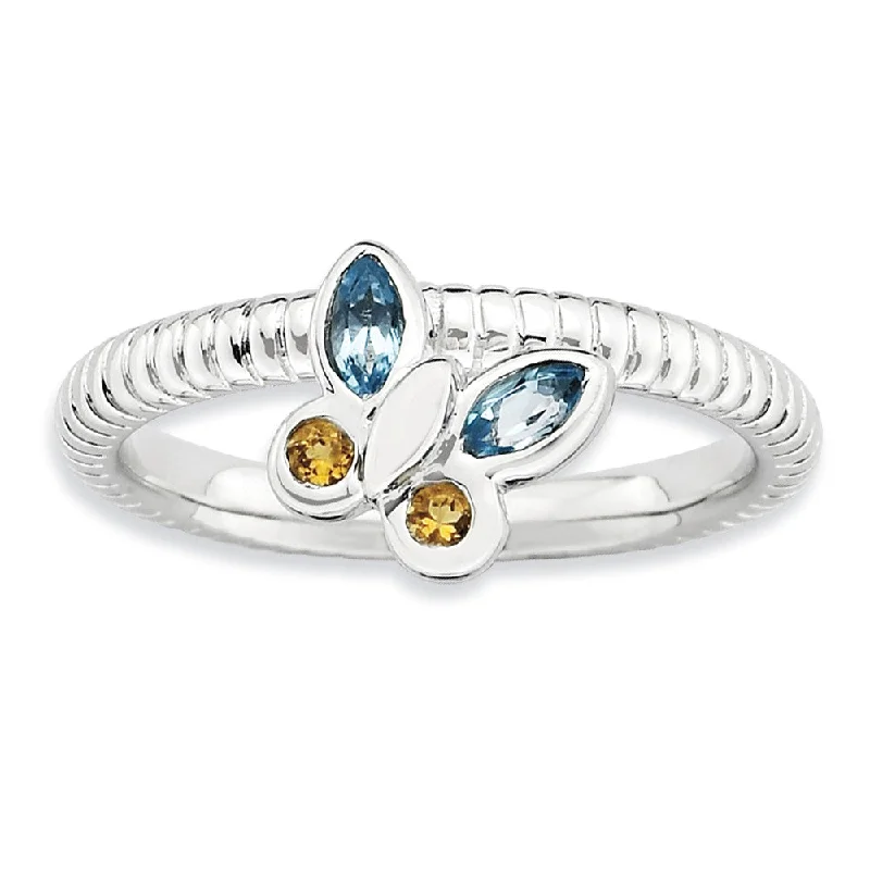 Silver Stackable Citrine and Topaz Gemstone Butterfly Ring